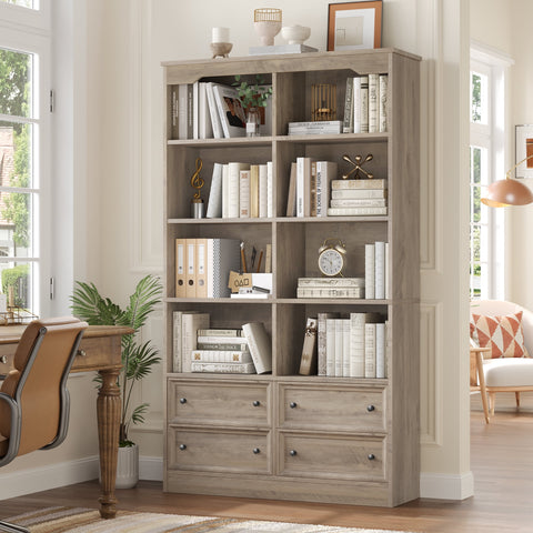 Homfa Double Row 6-tier Bookcases Floor Standing, 71 in Tall Bookcase Bookshelf with 4 Drawers and 8 Display Cubicles, for Home Office Living Room, Gray