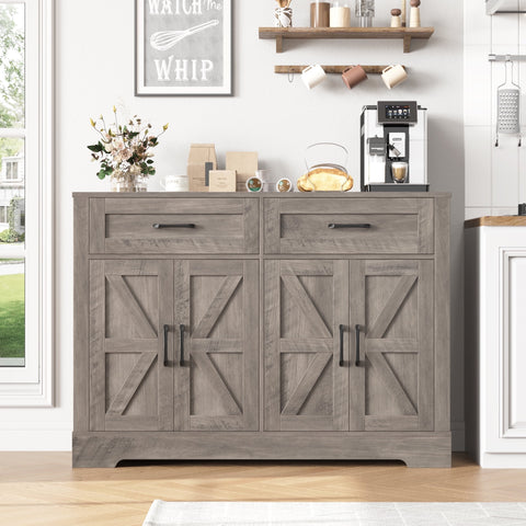 Homfa Farmhouse Kitchen Buffet Cabinet, 2 Large Drawers & 4 Doors Wood Sideboard Storage Cabinet for Living Room, Gray