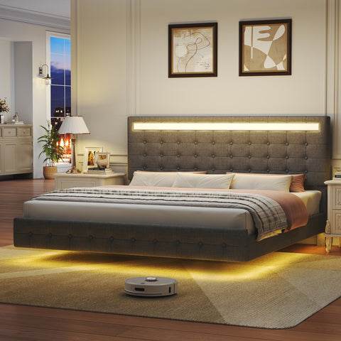 Homfa King Floating Bed with Lights, LED Platform Bed Frame with Under Bed Storage, Linen Adjustable Tufted Upholstered Bed, Dark Gray