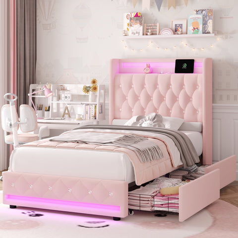 Homfa Full Size LED Bed Frame with Outlets and USB Ports, 4 Storage Drawers Modern Wingback Crystal Button Tufted Velvet Upholstered Platform Bed Frame, Pink