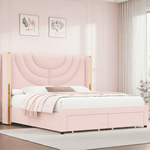 Homfa Full Size Platform Bed Frame with Led Headboard, Velvet Upholstered Bed Frame with 2 Drawers, Pink