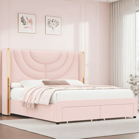 Homfa Full Size Platform Bed Frame with Led Headboard, Velvet Upholstered Bed Frame with 2 Drawers, Pink