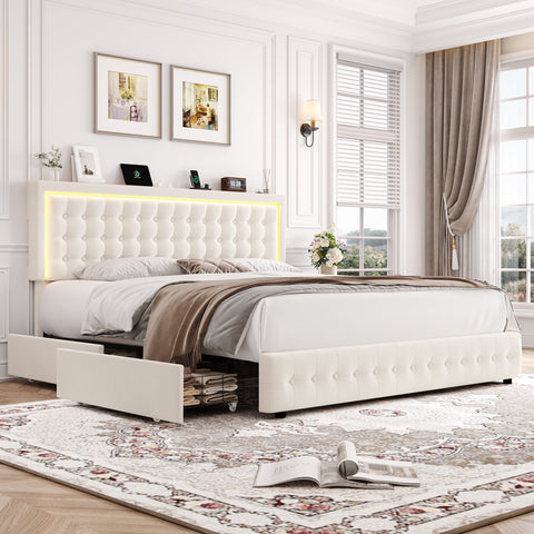 Homfa Full Size LED Bed Frame with 4 Drawers, Velvet Platform Bed with Built-in USB Ports, Beige