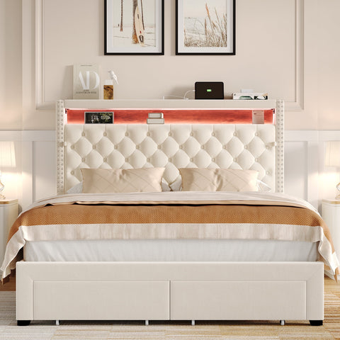 Homfa Full Size LED Bed Frame with Outlets and USB Ports, Modern Storage Platform Bed with Velvet Fabric Button Tufted Upholstered Headboard, Beige