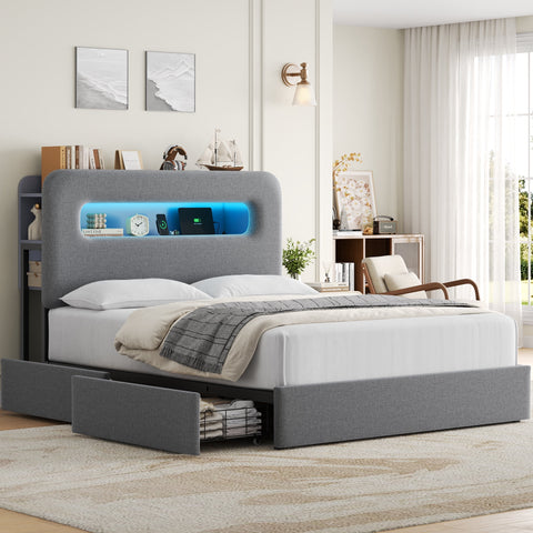 Homfa Queen Size Linen Upholstered Bed with LED Lights & 2 Drawers£¬ Storage Headboard Platform Bed Frame with USB Ports & Outlets, Gray