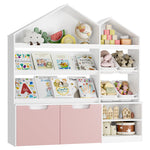 Homfa Kids Bookcase with 6 Shelves and 2 Removable Drawers, 4 Bins Child Toy Storage Organizer with Roof-shaped Top for Playroom Nursery School, White & Pink