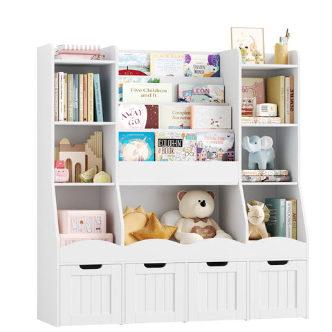 Homfa Kids Bookcase with 7 Cubes and 4-Tier Bookshelves, Toy Storage Organizer with 4 Removable Drawers on Casters, for Kids' Playroom Nursery, White