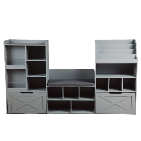 Homfa Kids Bookcase with Reading Nook, 74.61" L Kids Toy Storage Organizer with 12 Cubbies, 2 Drawers for Kids Room, Gray
