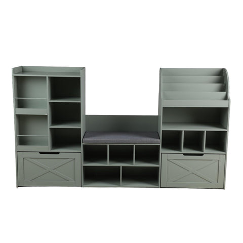 Homfa Kids Bookcase with Reading Nook, 74.61" L Kids Toy Storage Organizer with 12 Cubbies, 2 Drawers for Kids Room, Green