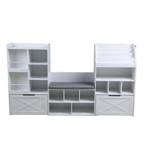 Homfa Kids Bookcase with Reading Nook, 74.61" L Kids Toy Storage Organizer with 12 Cubbies, 2 Drawers for Kids Room, White