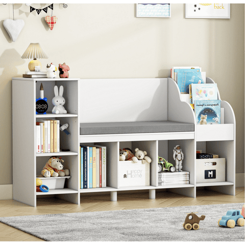 Homfa Kids Bookshelf with Reading & Seat Nook, 7 Cube Wooden Child Toy Organizer with Adjustable Shelf, 31.5'' H x 54.5'' W, White