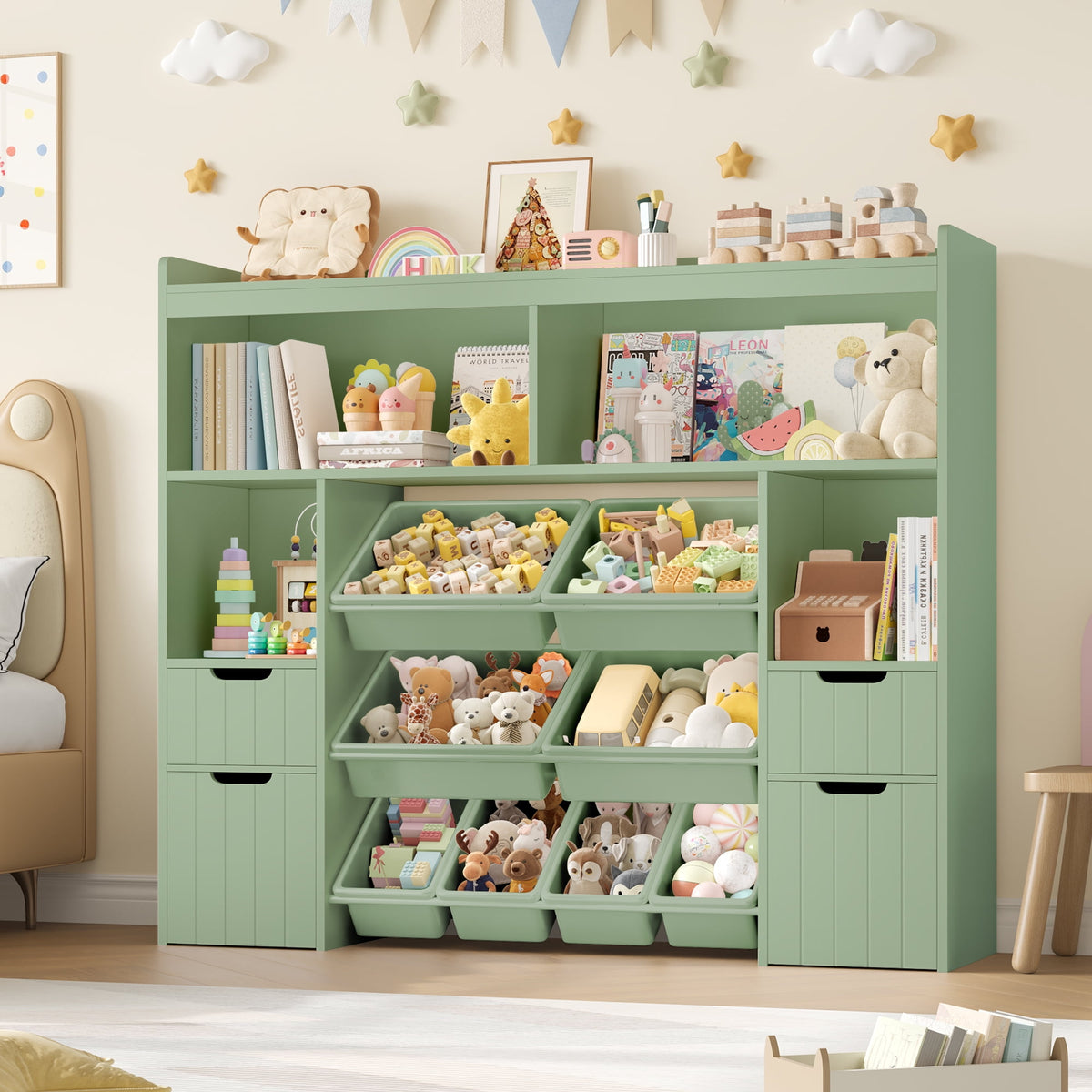 Bookcase Toy Box Homfa Kids Bookcase with 4 Wood Drawers, Kids Toy Storage Cabinet with ...