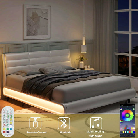 Homfa King Bed Frame with Adjustable Headboard, 16 Color LED Upholstered PU Leather Platform Bed, White