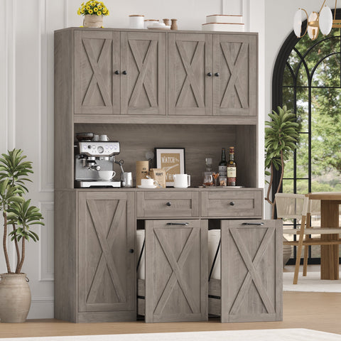 Homfa Kitchen Pantry Cabinet, Trash Can Cabinets Fits 13 Gallon Can, 5 Door 2 Drawer Kitchen Storage Cabinet with Hutch, Freestanding Cupboard, Wash Gray