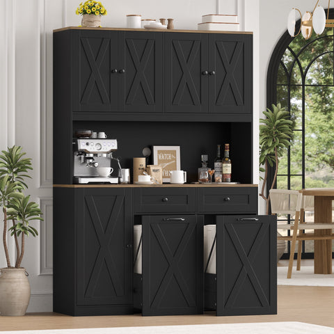Homfa Kitchen Pantry Cabinet, Trash Can Cabinets Fits 13 Gallon Can, 5 Door 2 Drawer Kitchen Storage Cabinet with Hutch, Freestanding Cupboard, Black