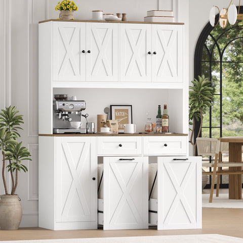 Homfa Kitchen Pantry Cabinet, Trash Can Cabinets Fits 13 Gallon Can, 5 Door 2 Drawer Kitchen Storage Cabinet with Hutch, Freestanding Cupboard, White