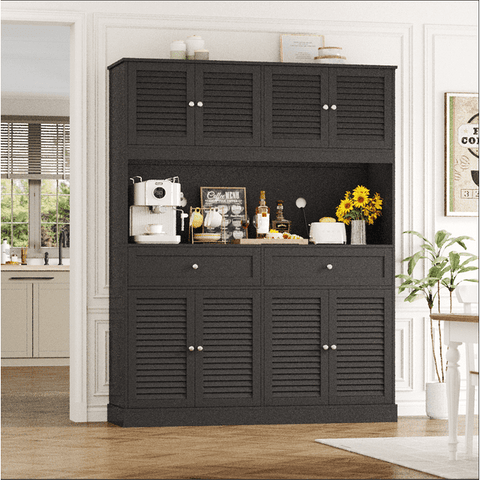 Homfa Large Pantry Cabinet with 8 Louvered Doors, 70.7" Tall Kitchen Storage Cabinet with Hutch & 2 Drawers, Modern Coffee Bar for Dining Room, Black