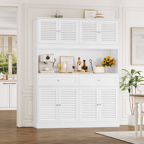 Homfa Large Pantry Cabinet with 8 Louvered Doors, 70.7" Tall Kitchen Storage Cabinet with Hutch & 2 Drawers, Modern Coffee Bar for Dining Room, White