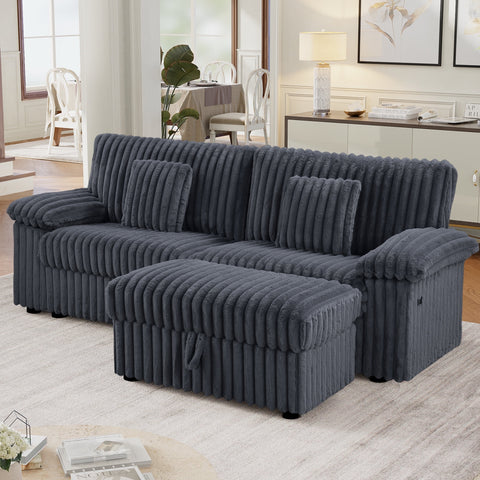 Homfa 96" Modern Large Loveseat Sofa with Ottoman Chaise for Living Room, Comfy Corduroy Sofa with USB Type C Ports & Pillows, Dark Gray