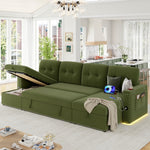 Homfa Modern Sleeper Sofa with Pull-Out Bed, U-Shaped 6-Seat Sofa with Storage Chaise Couch & USB Charging Port for Living Room, Velvet Fabric, Green