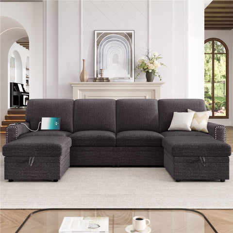 Homfa Modular Sectional Sofa with Storage, Chenille 6 Seat Oversized U Shaped Couch with Chaise & USB Port, Dark Gray