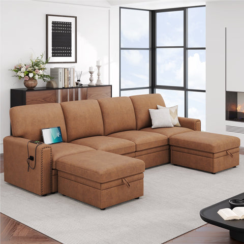 Homfa Modular Sectional Sofa with Storage, Leathaire 6 Seat Oversized U Shaped Couch with Chaise & USB Port, Camel