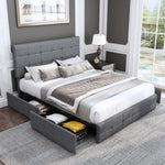 Homfa Queen Size 4 Storage Drawers Bed Frame, Square Tufted Upholstered Platform Bed with Adjustable Headboard, Light Grey