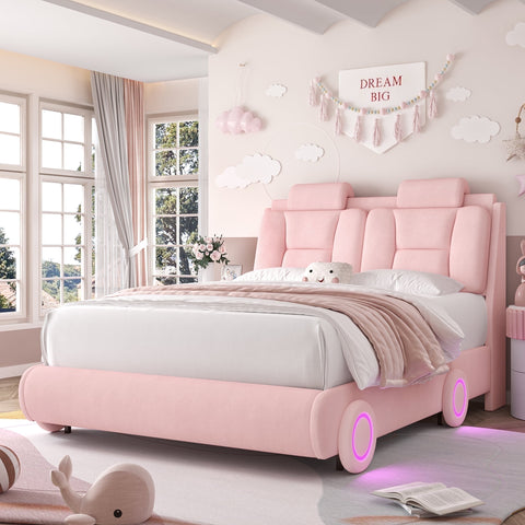Homfa Queen Size Car Bed Frame with LED Wheels, Velvet Upholstered Platform Bed with Adjustable Headboard and Removable Pillows, Pink