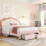 Homfa Queen Size LED Bed Frame with Drawer, Velvet Upholstered Platform Bed with Adjustable Petal Headboard for Kid, Pink