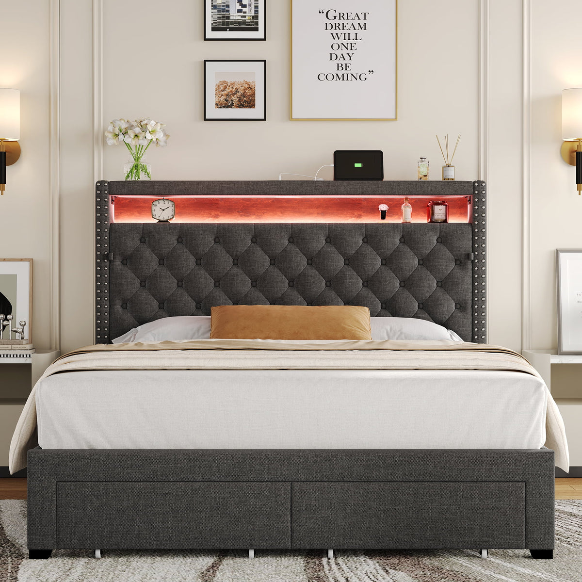 Homfa Queen Size LED Bed Frame with Outlets and USB Ports, Modern Stor ...