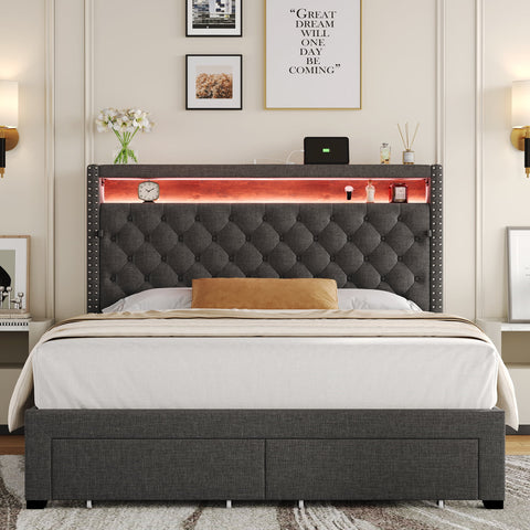 Homfa Queen Size LED Bed Frame with Outlets and USB Ports, Modern Storage Platform Bed with Fabric Button Tufted Upholstered Headboard, Gray