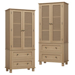 Homfa Rattan Storage Cabinet Set of 2, Tall Cabinet with Doors and Drawers, Accent Versatile Cabinet for Living Room, Oak