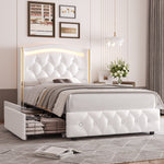 Homfa Twin Size LED Bed Frame with 4 Storage Drawers, PU Leather Upholstered Platform Bed with Crystal Buttons Headboard, White