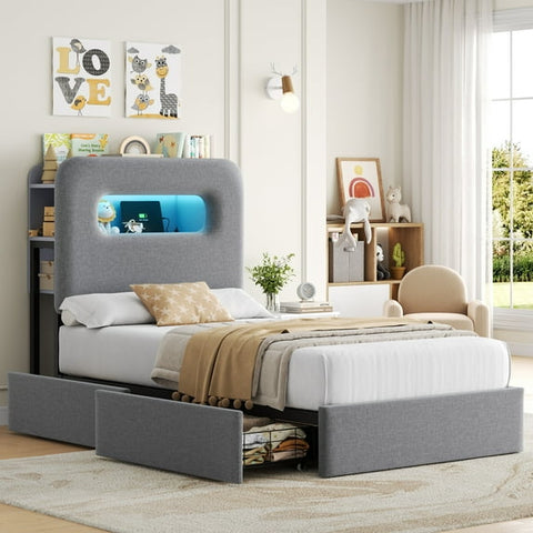 Homfa Twin Size Linen Upholstered Bed with LED Lights & 2 Drawers£¬ Storage Headboard Platform Bed Frame with USB Ports & Outlets, Gray