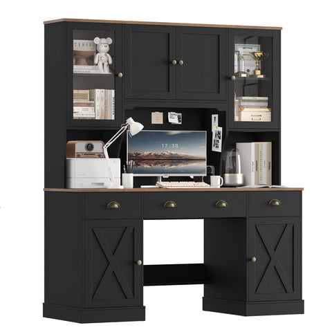 Homfa Writing Desk with Hutch, 75¡±H Executive Desk with Storage Cabinets and Drawers, Computer Desk with Glass Doors and Adjustable Shelves for Home Office, Study. Black & Brown