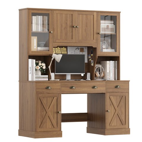 Homfa Writing Desk with Hutch, 75¡±H Executive Desk with Storage Cabinets and Drawers, Computer Desk with Glass Doors and Adjustable Shelves for Home Office, Study. Brown