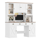 Homfa Writing Desk with Hutch, 75¡±H Executive Desk with Storage Cabinets and Drawers, Computer Desk with Glass Doors and Adjustable Shelves for Home Office, Study. White & Brown