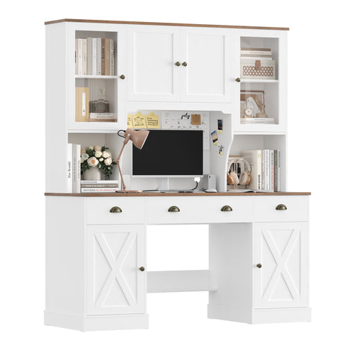 Homfa Writing Desk with Hutch, 75¡±H Executive Desk with Storage Cabinets and Drawers, Computer Desk with Glass Doors and Adjustable Shelves for Home Office, Study. White & Brown