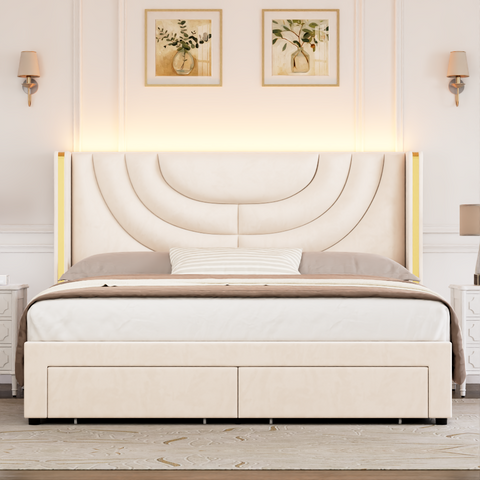 Homfa Full Size Platform Bed Frame with Led Headboard, Velvet Upholstered Bed Frame with 2 Drawers, Off-White