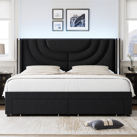 Homfa Queen Size Platform Bed Frame With Led Headboard, Velvet Upholstered Bed Frame With 2 Drawers, Black