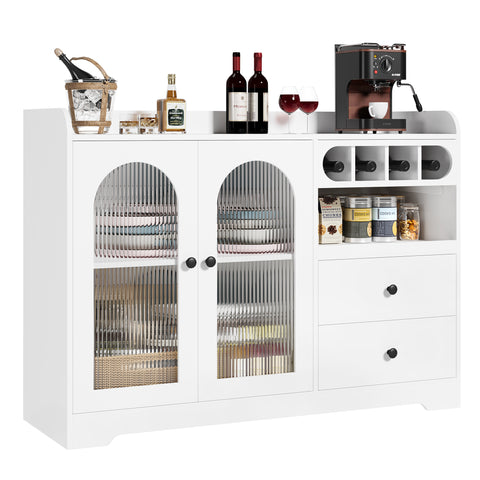 Homfa 2-Door Wine Bar Cabinet with Drawers, Kitchen Sideboard Buffet with Wine Rack and Glass Door, White