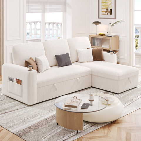 Homfa 81.9¡¯¡¯ Convertible Sectional Sofa Couch, Modern Velvet Fabric L-Shaped, 3-Seat Sofa with Reversible Storage Chaise w/Side Pocket & Charging Ports, Beige