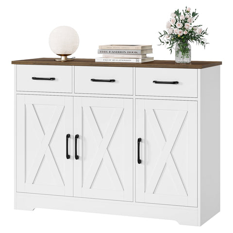 Homfa 42.5''Kitchen Buffet Sideboard Cabinet, 3 Drawers Farmhouse Coffee Bar Storage Cabinet with Adjustable Shelf, White