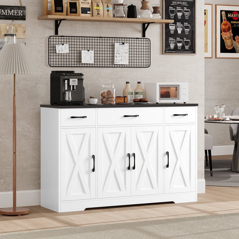Homfa 55.1???¡¥ Farmhouse Kitchen Sideboard, 4-Doors 3-Drawers Wood Buffet Cabinet with Adjustable Shelves, Black & White