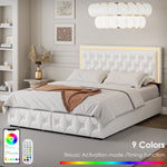 Homfa Queen LED Bed, 9 Colors LED Lights Platform Bed Frame with 4 Storage Drawers, Adjustable Upholstered Headboard with Button Tufted, PU White