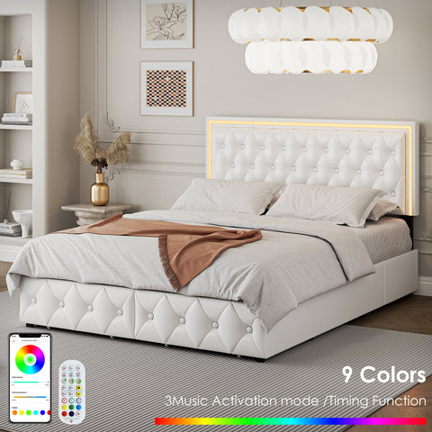 Homfa Queen LED Bed, 9 Colors LED Lights Platform Bed Frame with 4 Storage Drawers, Adjustable Upholstered Headboard with Button Tufted, PU White