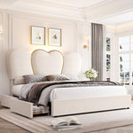 Homfa King Size LED Bed Frame with 4 Storage Drawers, Velvet Upholstered Platform Bed with Cordate Headboard, White