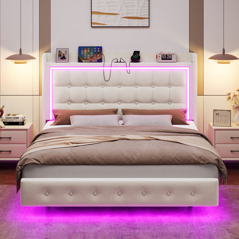 Homfa Queen Size Floating Bed with LED Lights & Charging Station, Modern Velvet Upholstered Platform Bed Frame Bed with Storage Headboard, Off-white