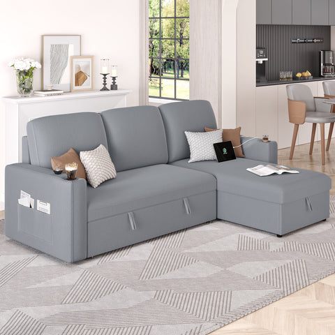 Homfa 81.9¡¯¡¯ Convertible Sectional Sofa Couch, Modern Velvet Fabric L-Shaped, 3-Seat Sofa with Reversible Storage Chaise w/Side Pocket & Charging Ports, Gray