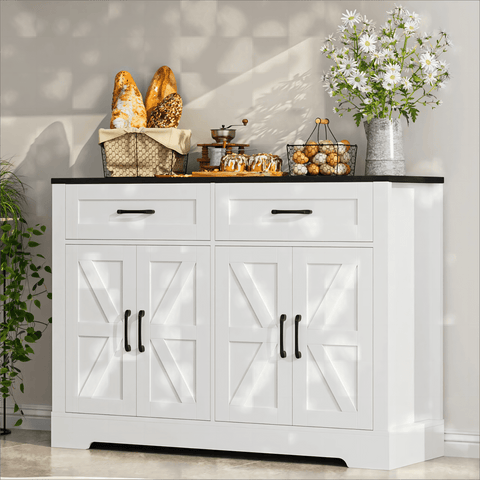 Homfa Farmhouse Buffet Cabinet for Kitchen, Modern 2 Drawers & 4 Doors Wood Sideboard Storage Cabinet for Living Room, White&Black